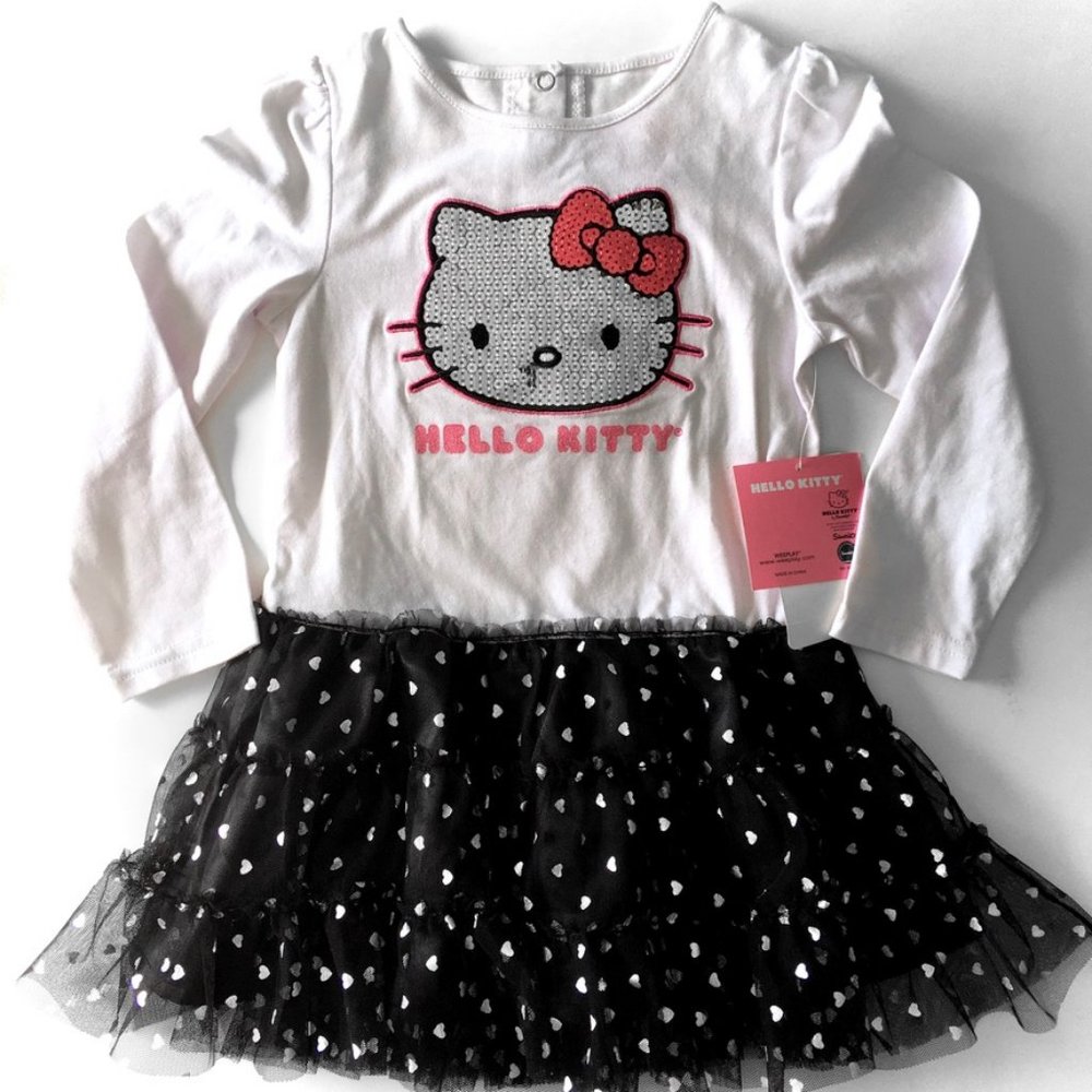 NEW! Hello Kitty - Classic B&W Tutu Dress - Longsleeve w/ Sequins & Hearts